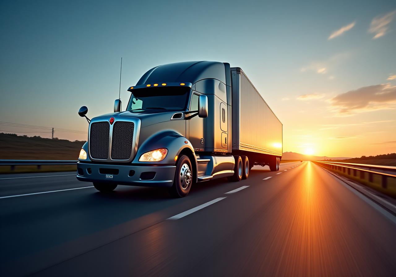 Modern semi-truck on a sunset highway representing freight excellence